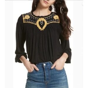 Free People Begonia Embroidered Peasant Top Black Yellow Size M